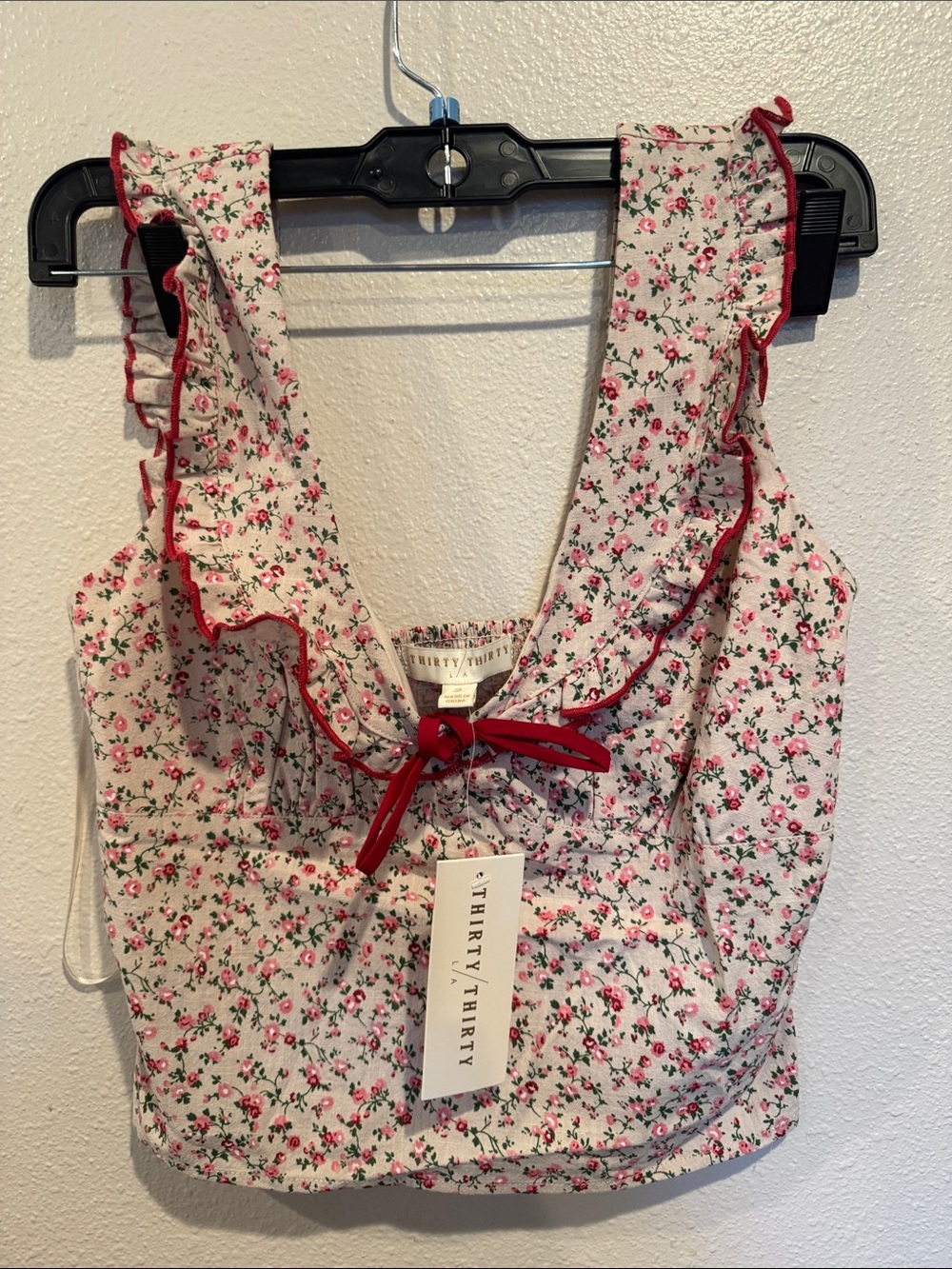 Thirty Thirty Floral Ruffle Tie-Front Crop Top in Cream and Red